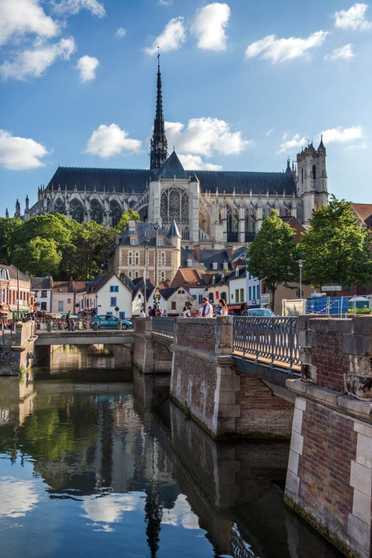 Amiens Cathedral and the River Somme in the town of Amiens in northern France