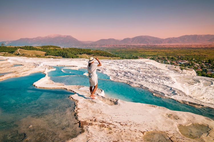 Natural travertine pools and terraces in Pamukkale, Turkey