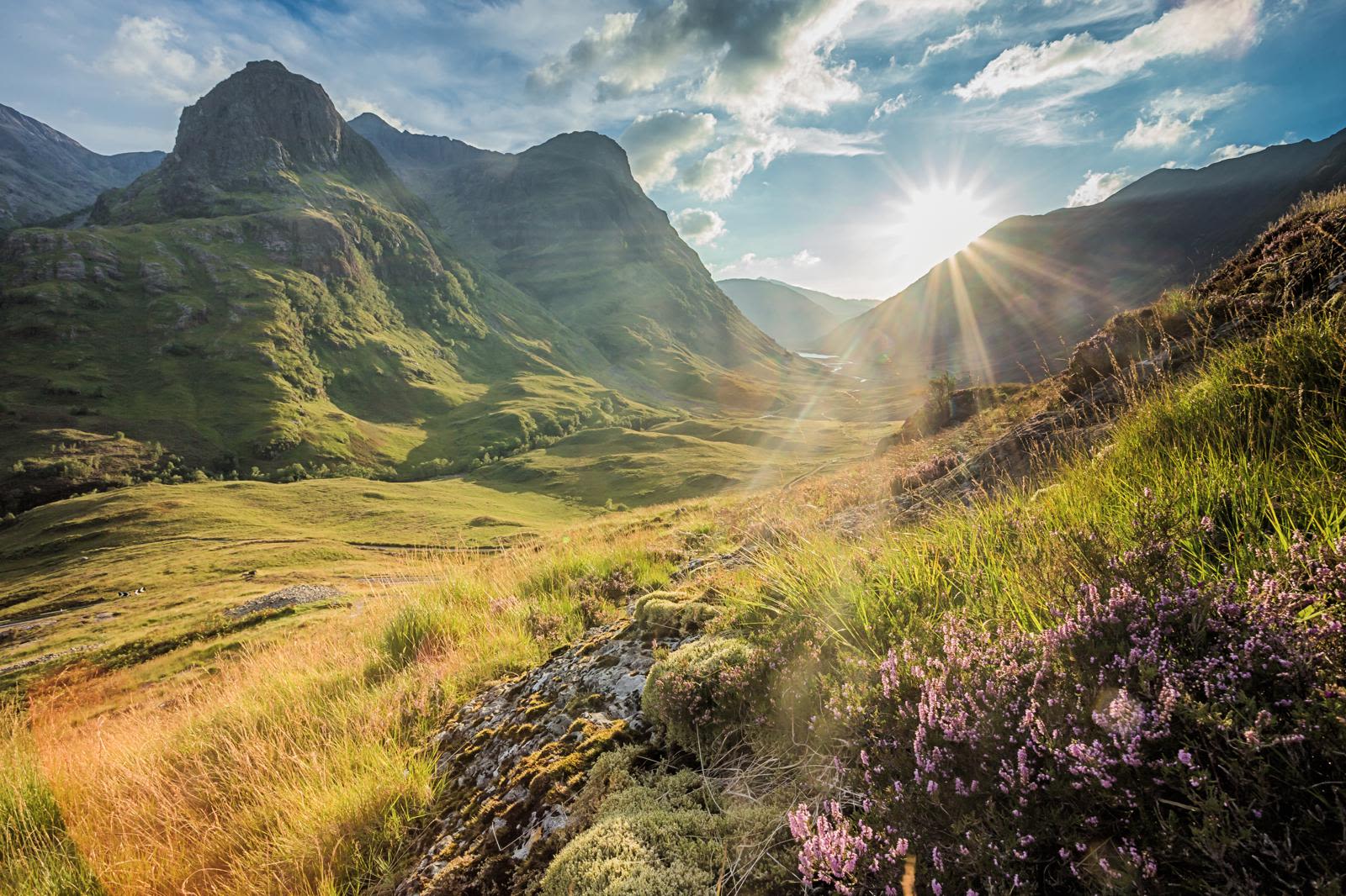 Valley view below the mountains of Glencoe, Lochaber, HIghlands, Scotland